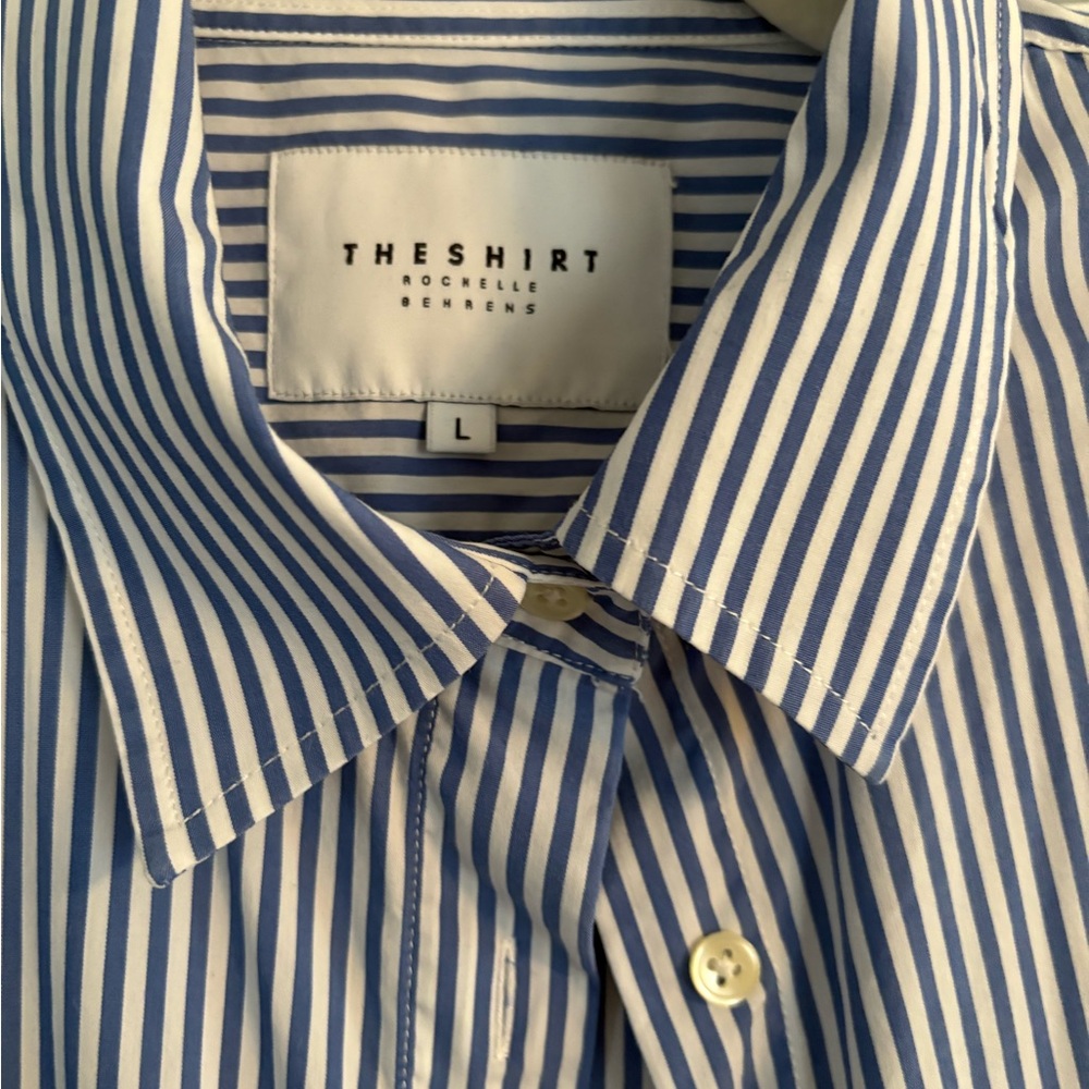The Shirt by Rochelle Behrens White and Blue Striped Women’s Button Down Dress